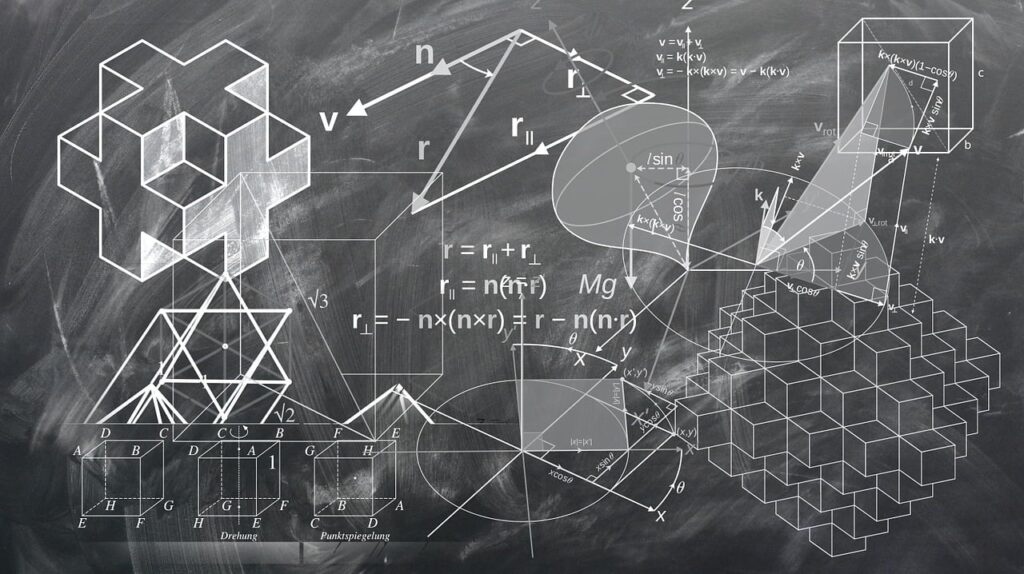 Das Foto zeigt ein Tafelbild mit mathematischen Formeln und geometrischen Figuren